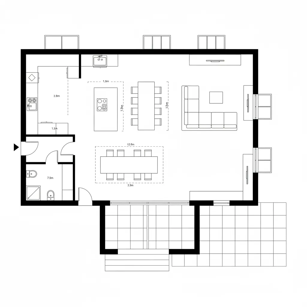 Modern floor plan with open kitchen living area dining space bathroom and large outdoor patio area