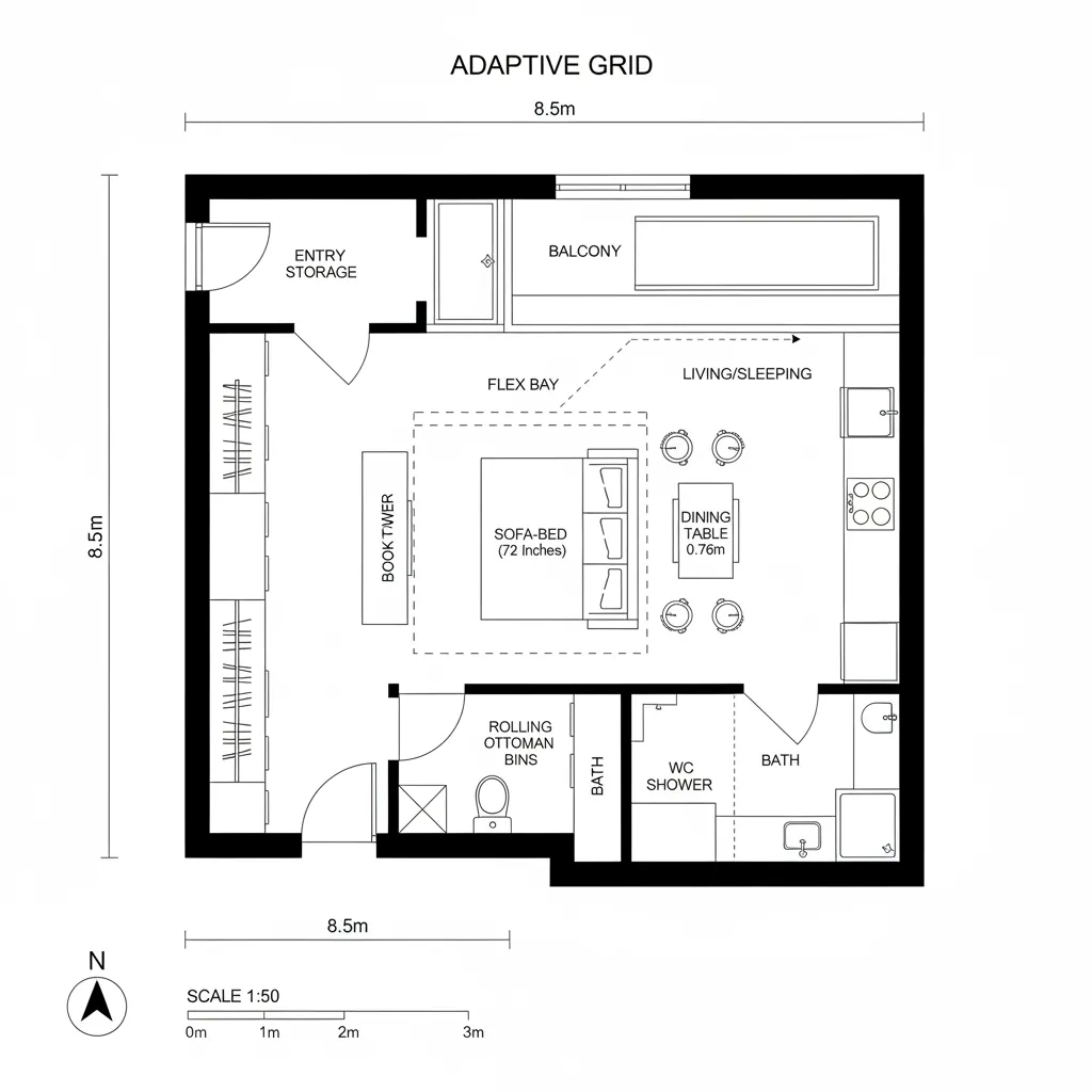 Modern studio room layout with sofa bed dining table balcony storage area and small bathroom space