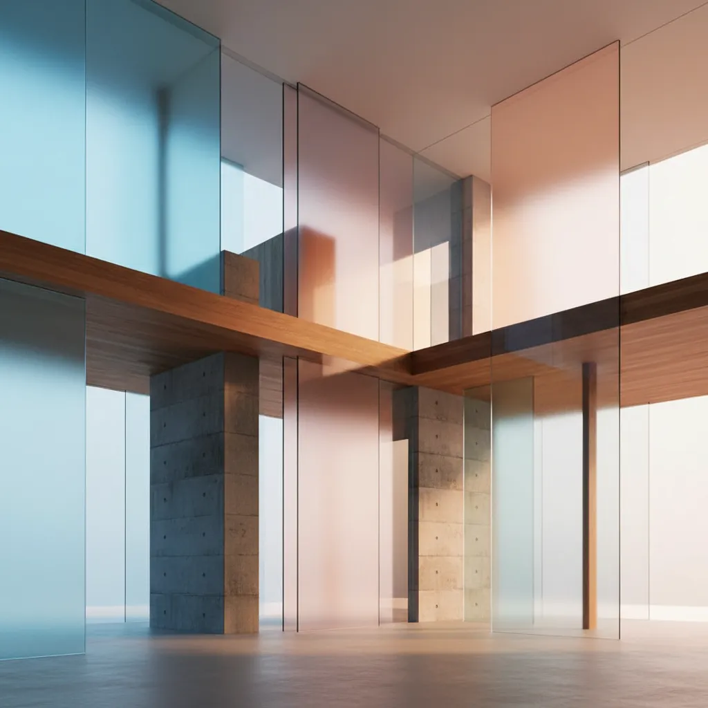 Modern interior room layout with colored glass walls plus concrete pillars and wooden ceiling details