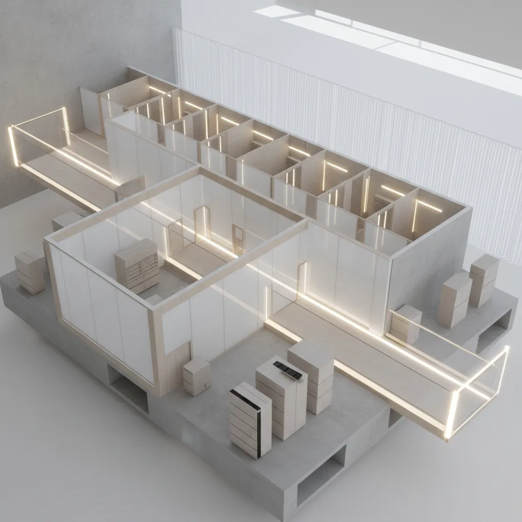 Modern interior design drawing showing a floor plan layout with glowing light strips and cabinets