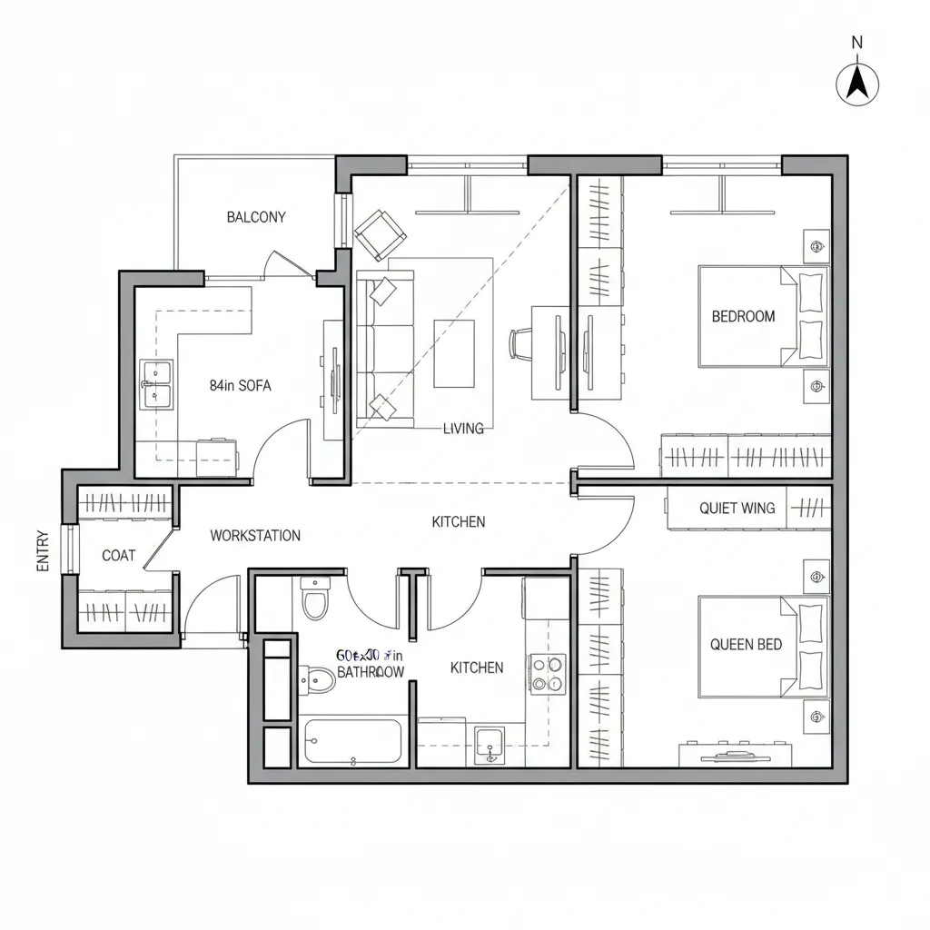 Two-bedroom apartment floor plan with living room, kitchen, bathroom, balcony, and a dedicated office workstation.