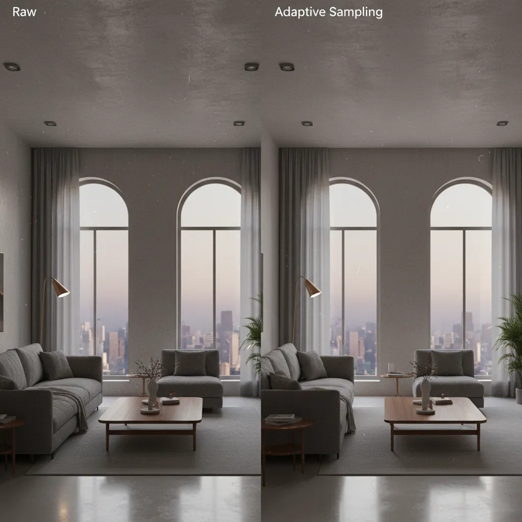 Comparison of noisy vs clean render using adaptive sampling