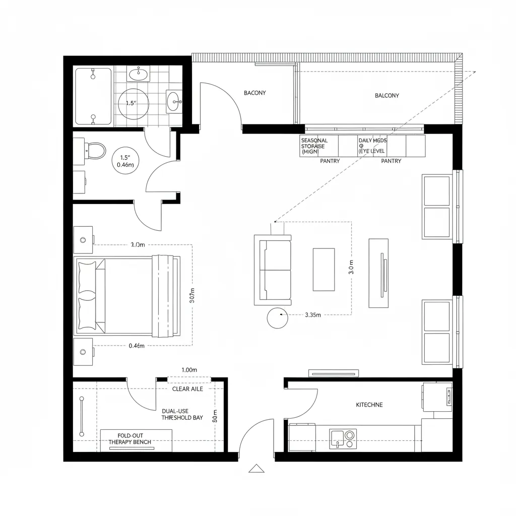 Interior design drawing showing a small apartment floor plan with bedroom living area and balcony