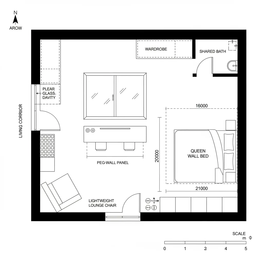 Adaptive third bedroom CAD plan with pocket door, wall bed, and dual workstation.