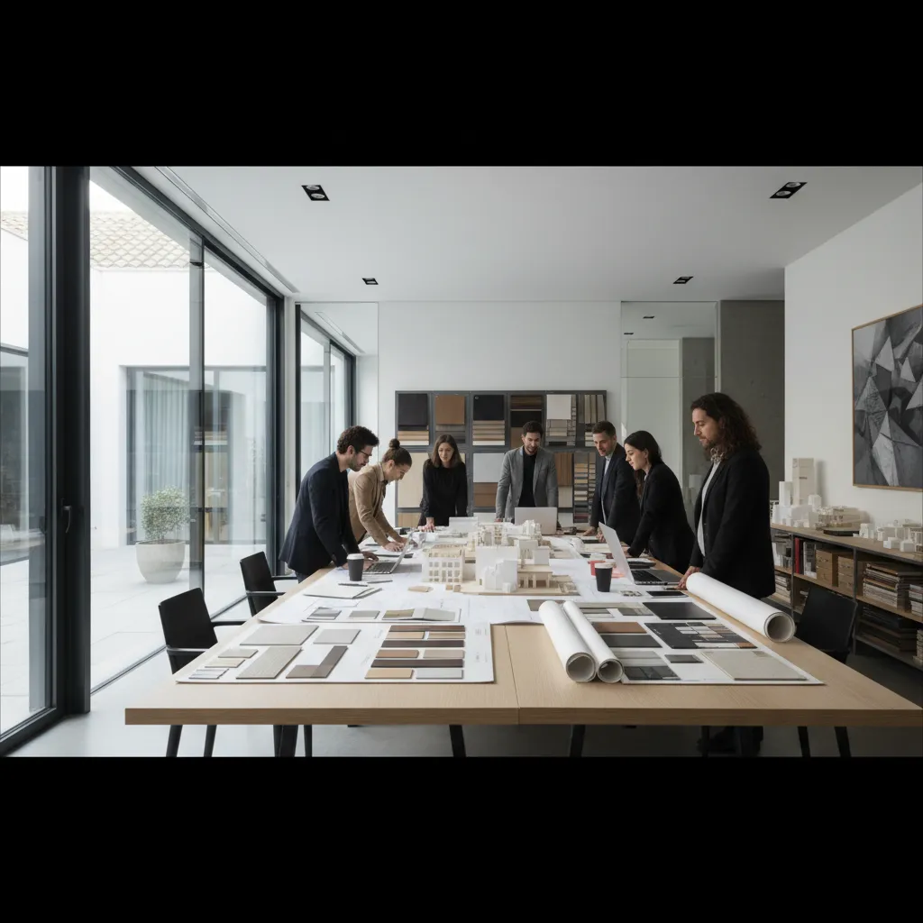 Professional designers standing around table with white building models, material samples, and floor plan drawings
