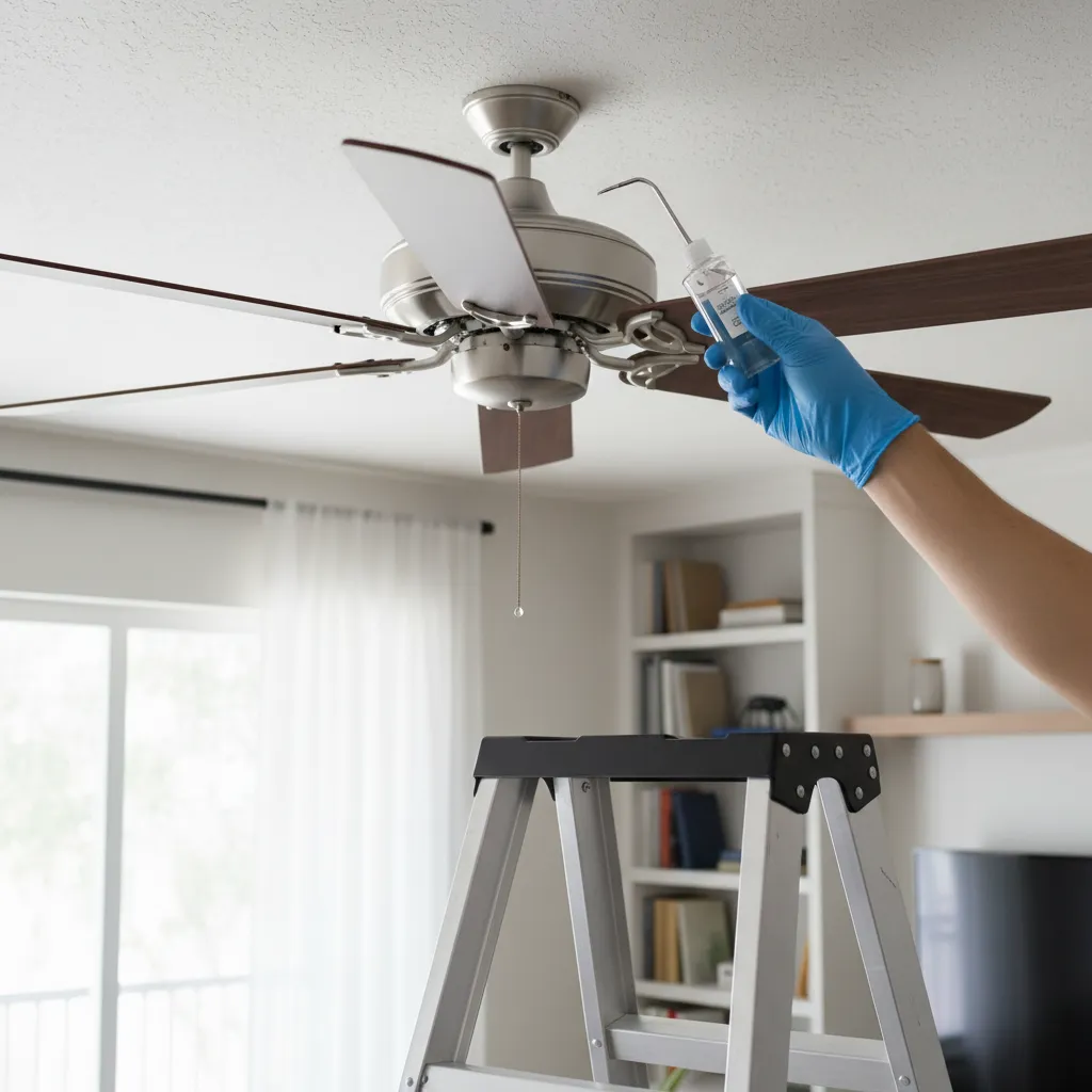 Applying electric motor oil to a ceiling fan oil port with precision bottle
