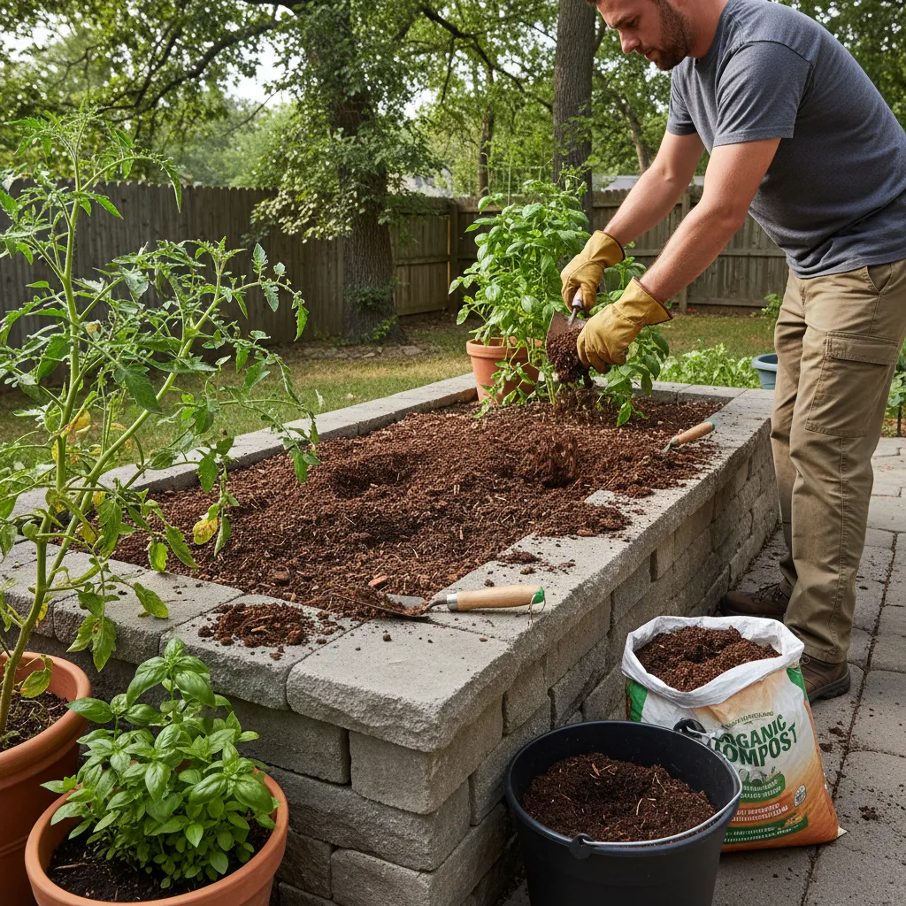 Gardener adding compost and organic amendments to raised garden bed soil