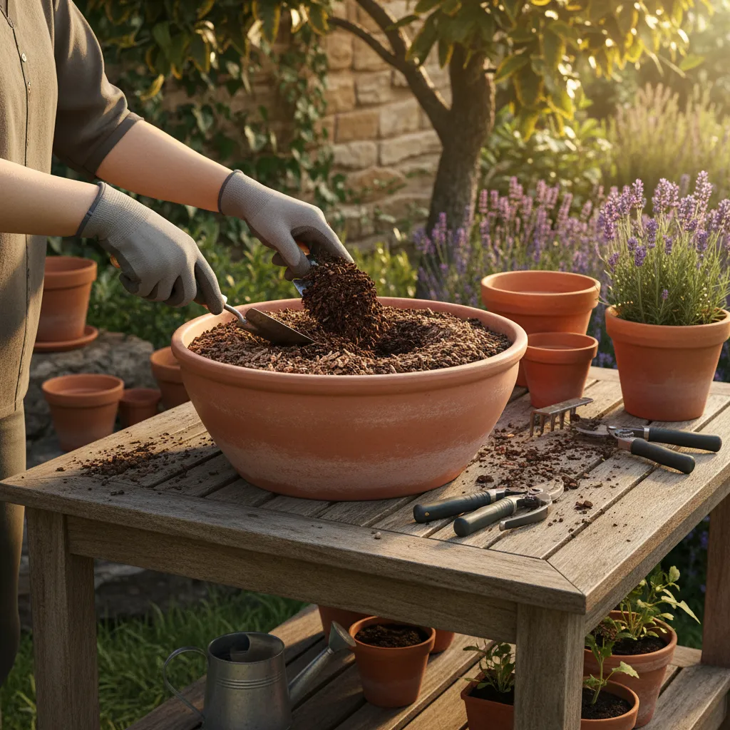 Mixing compost and worm castings into container potting soil