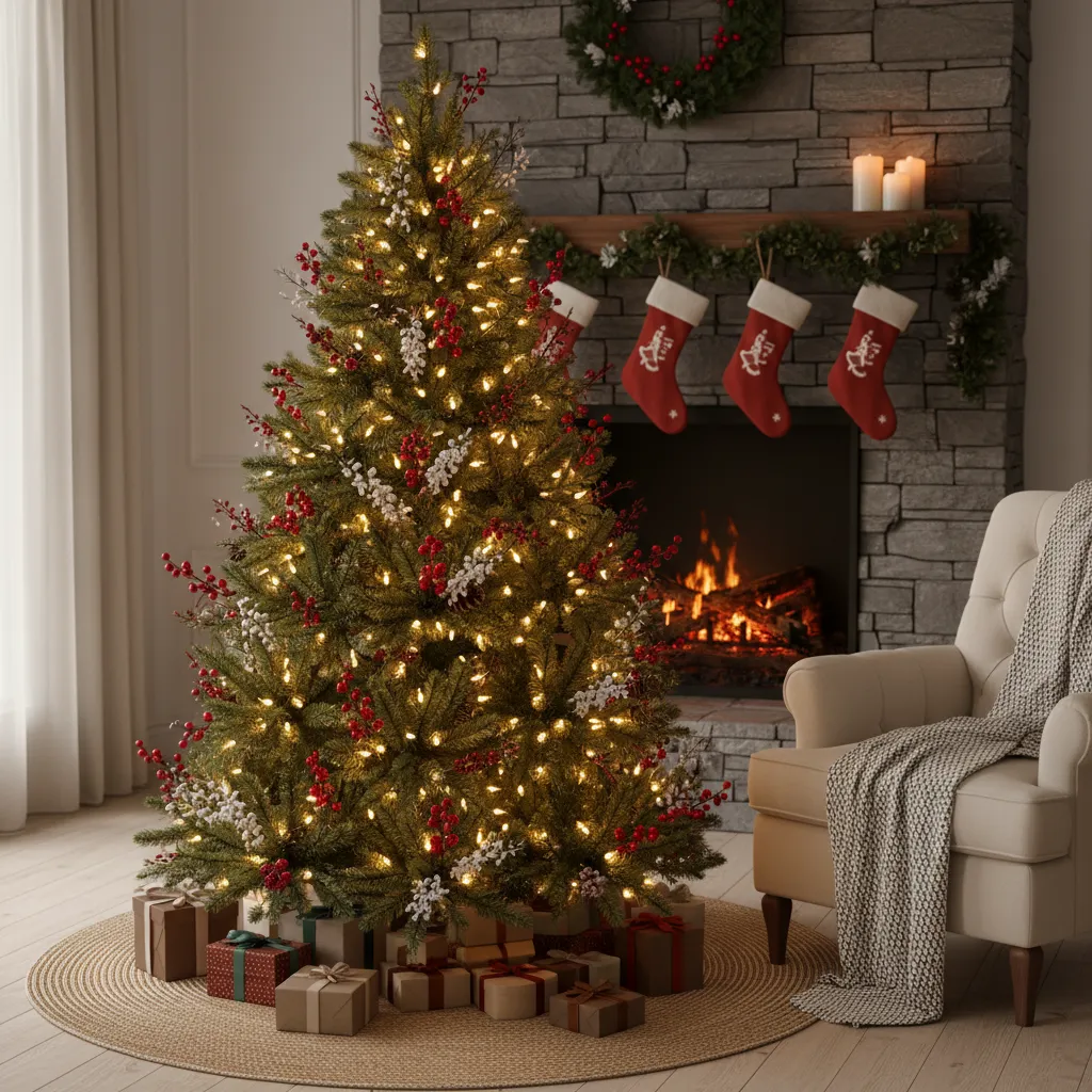 decorative berry picks and greenery filling empty gaps in a small Christmas tree