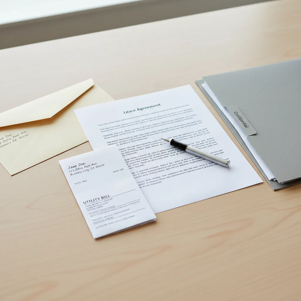 Desk with utility bill, lease agreement and identification documents used for address verification