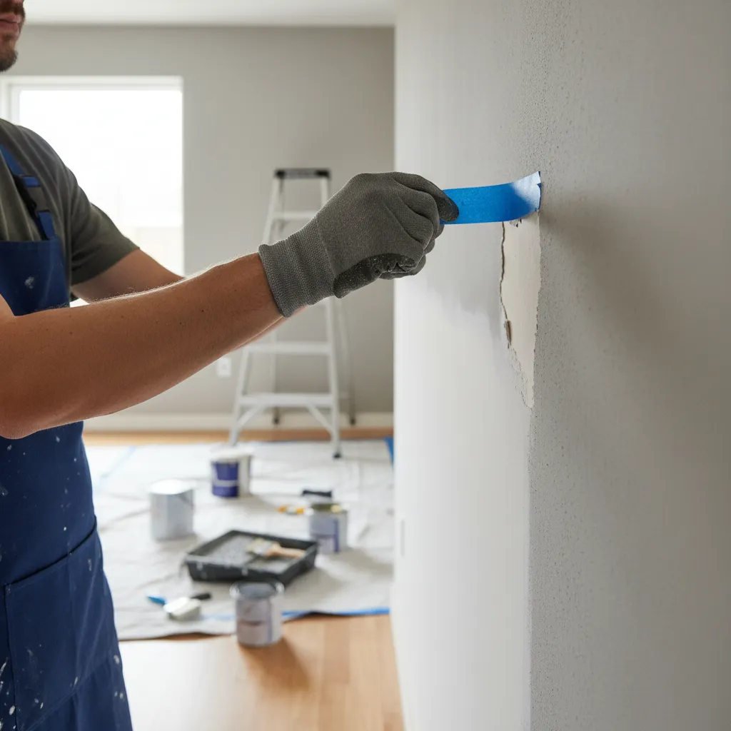 Painter performing tape adhesion test on interior wall