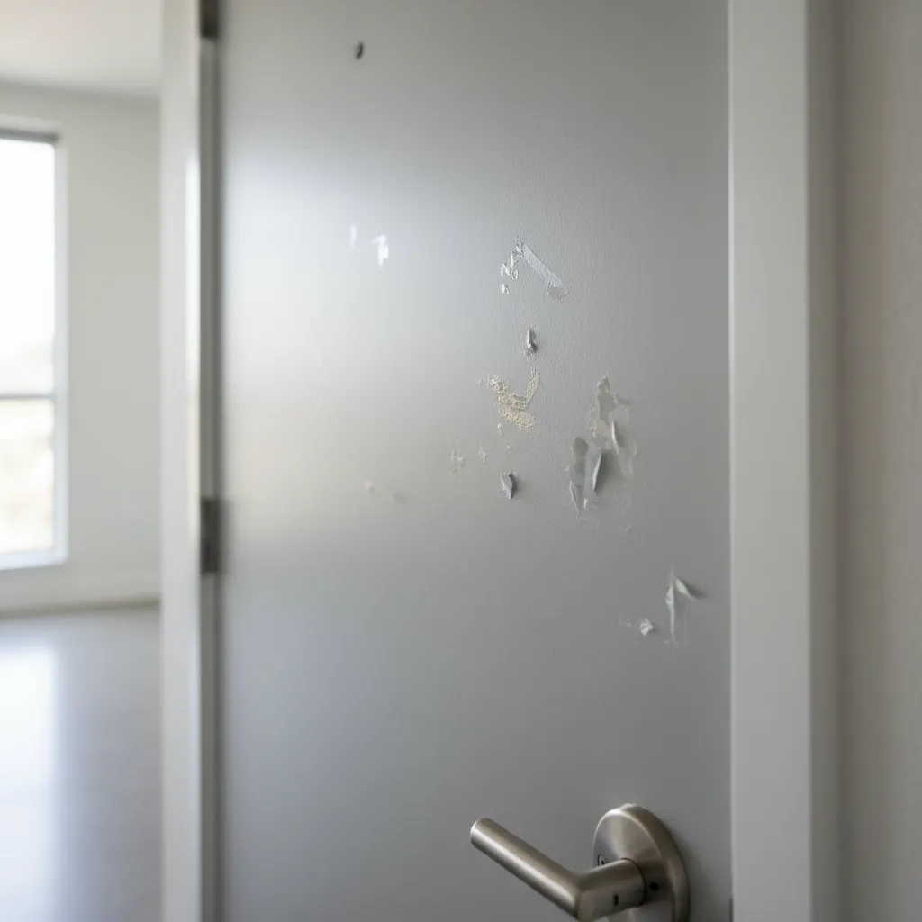 Close view of adhesive residue damaging a painted interior door surface