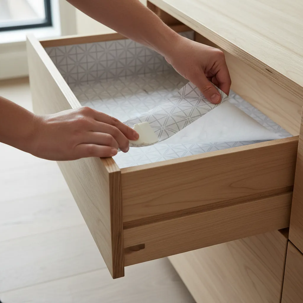 Applying adhesive drawer liner inside wooden drawer