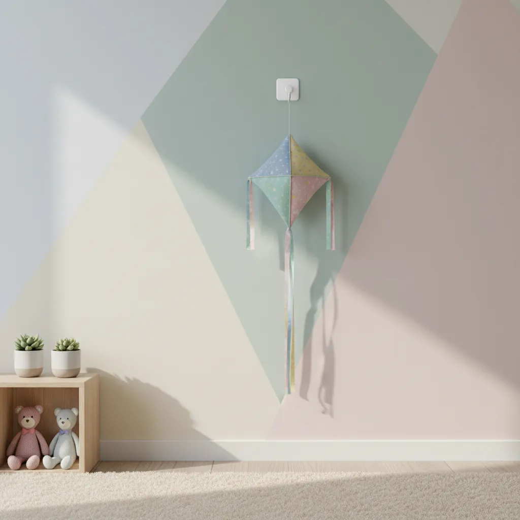 Small removable adhesive hook holding decorative kite on a kids bedroom wall