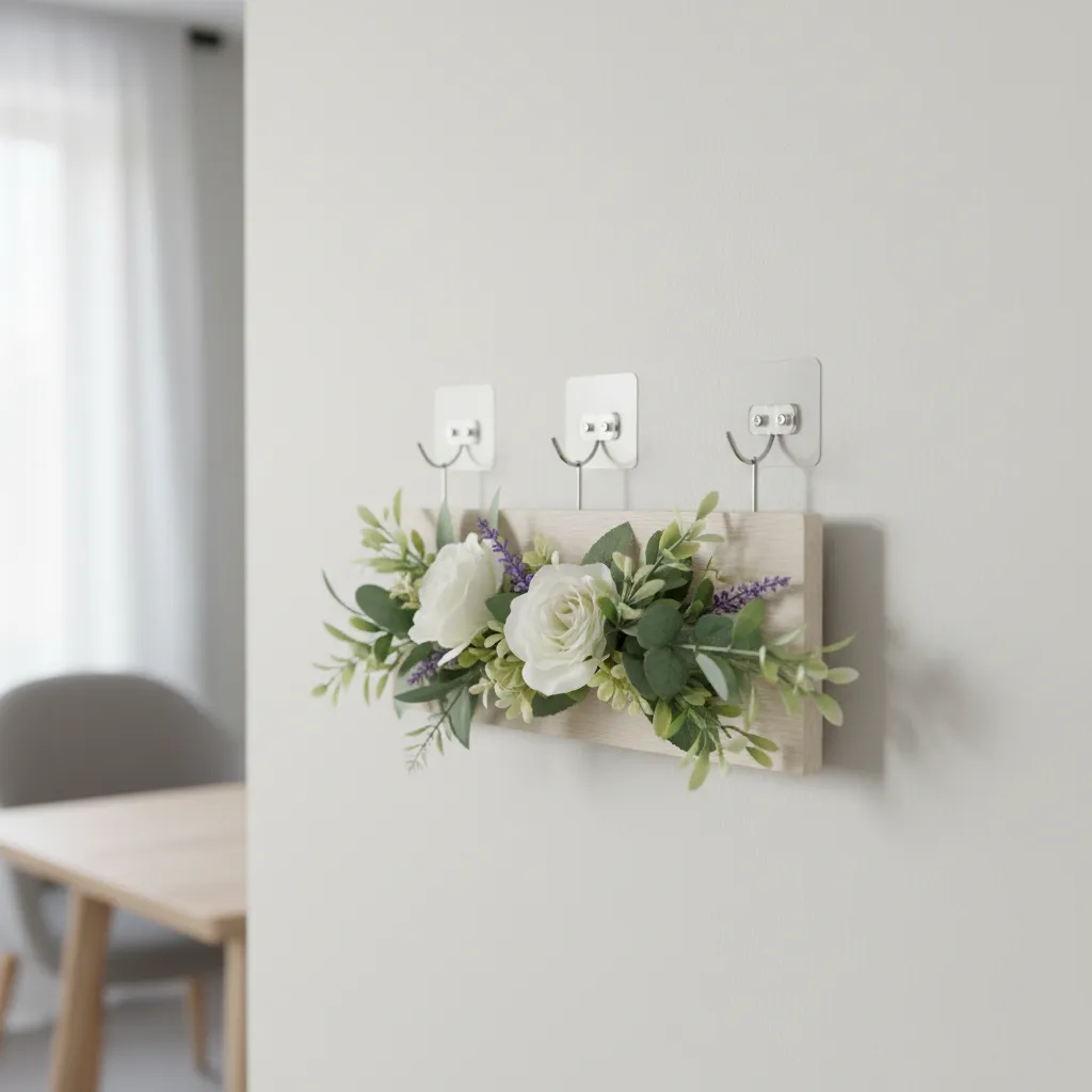 Adhesive hooks supporting artificial flower wall installation