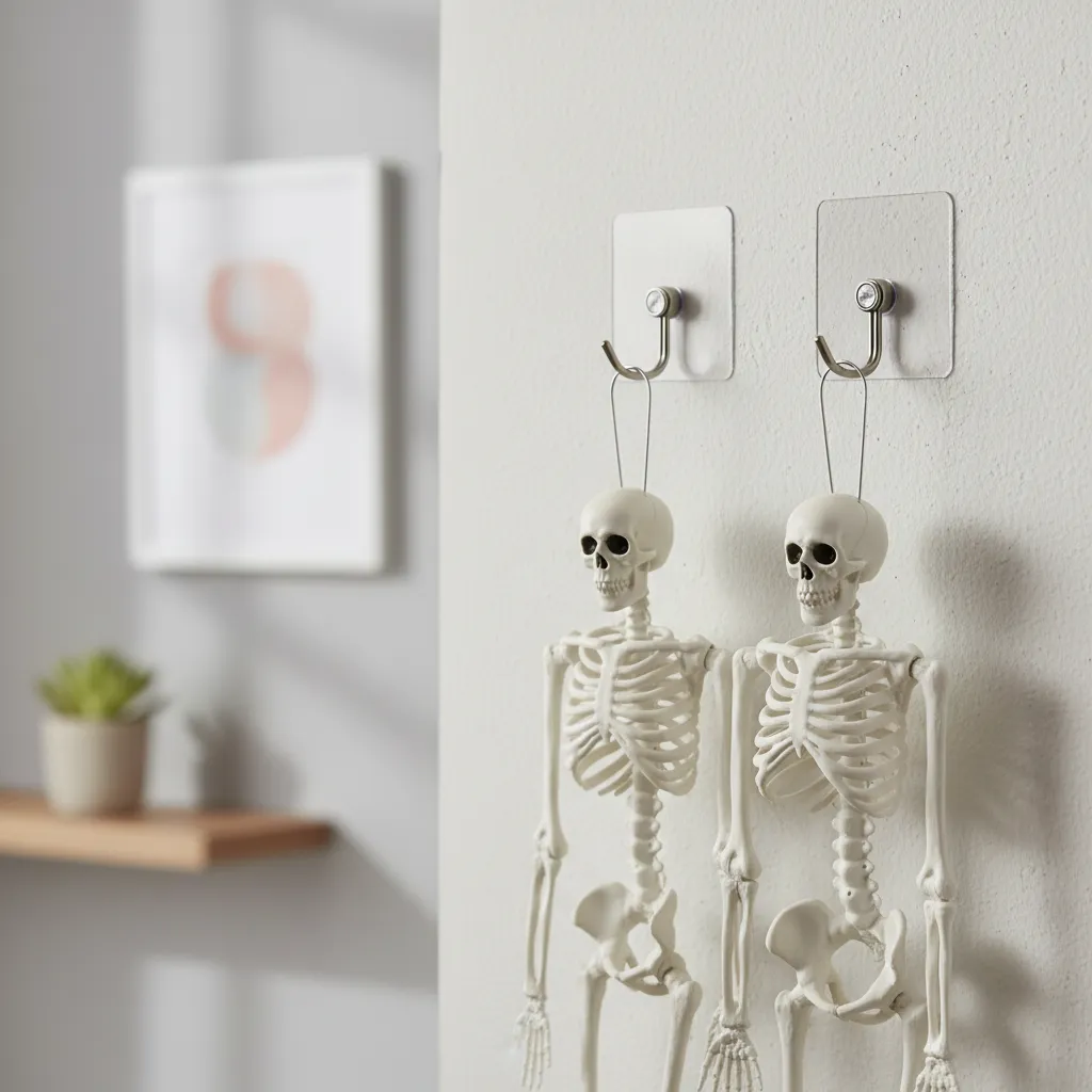 Removable adhesive hooks used to hang lightweight skeleton decorations