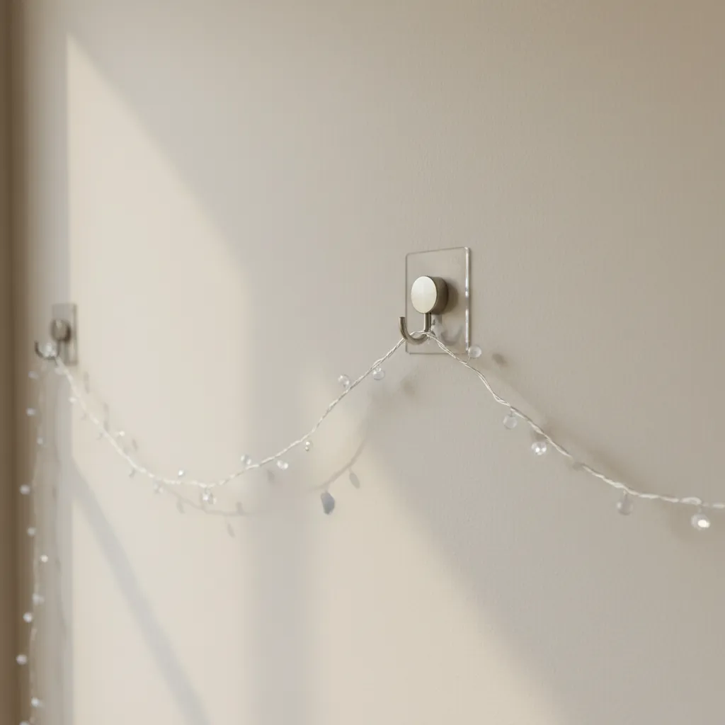 Small removable adhesive hook holding lightweight wall decoration