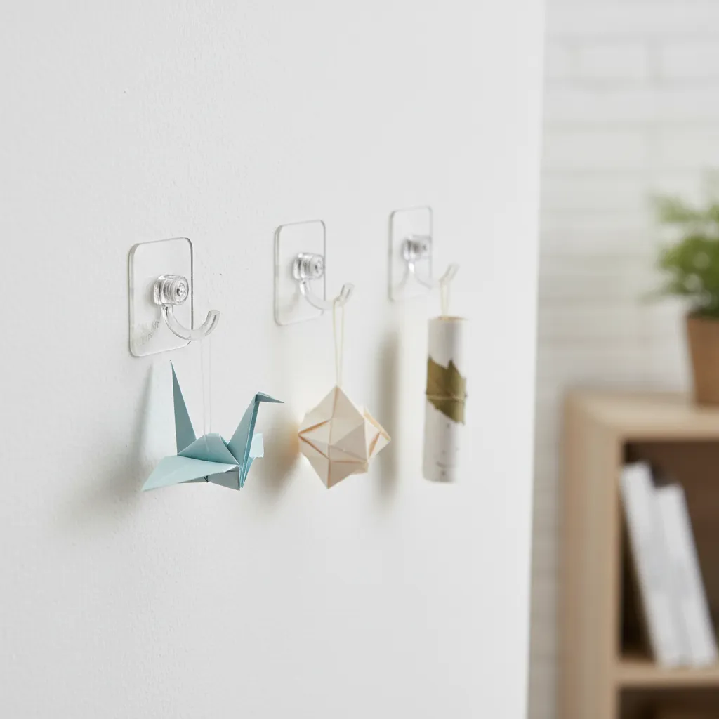 Small adhesive hooks used for hanging lightweight paper decorations