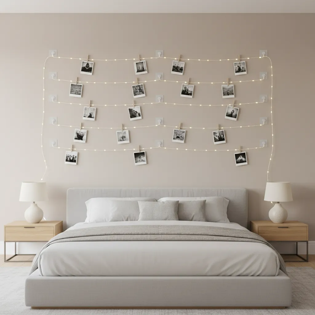 Adhesive hooks used to hang photo string lights along a wall