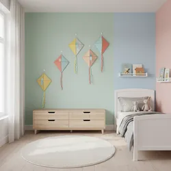 Kids bedroom with white bed plush toys cabinet round rug and kite decorations on wall
