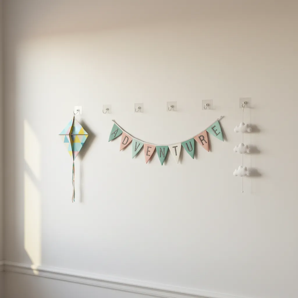 close view of lightweight decor mounted on adhesive wall hooks