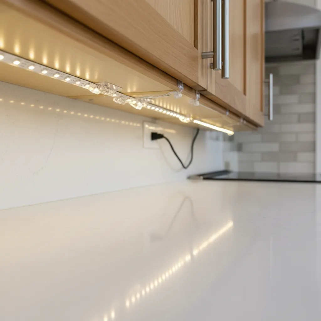 Close up of adhesive clips securing Christmas lights under kitchen cabinets