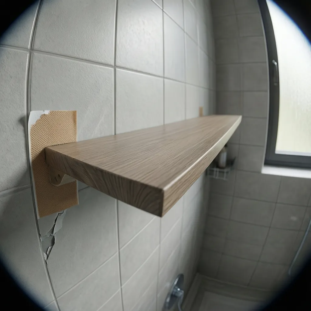 Adhesive shower shelf peeling away from tiled wall in humid bathroom