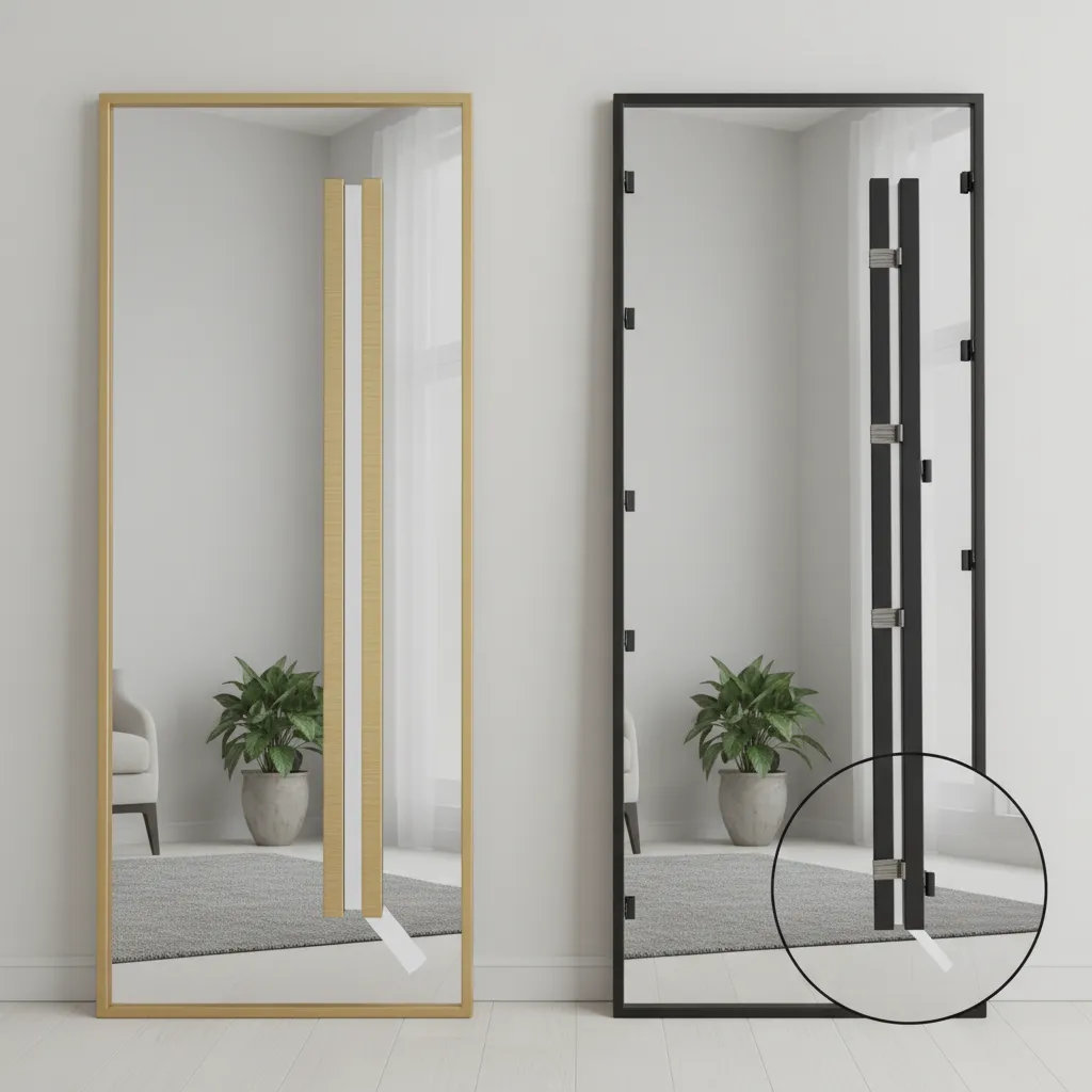 Comparison of adhesive mirror frame and clip on frame on a full length mirror