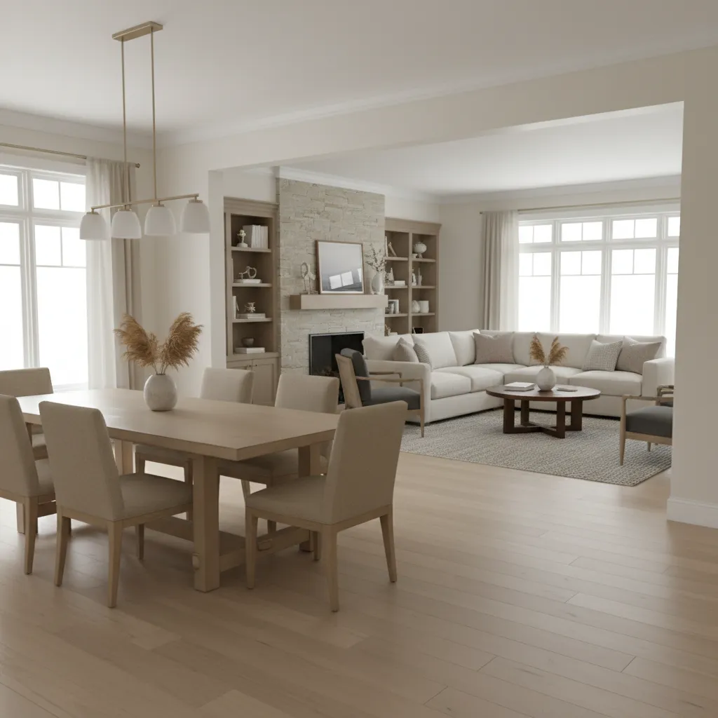Adjoining dining room and den layout showing visual connection between spaces