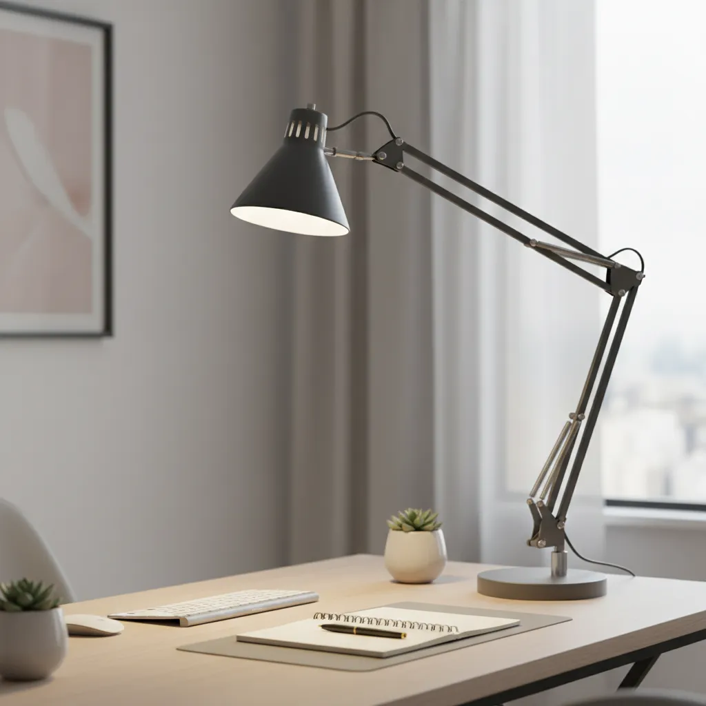Adjustable articulated desk lamp demonstrating directional lighting on a desk