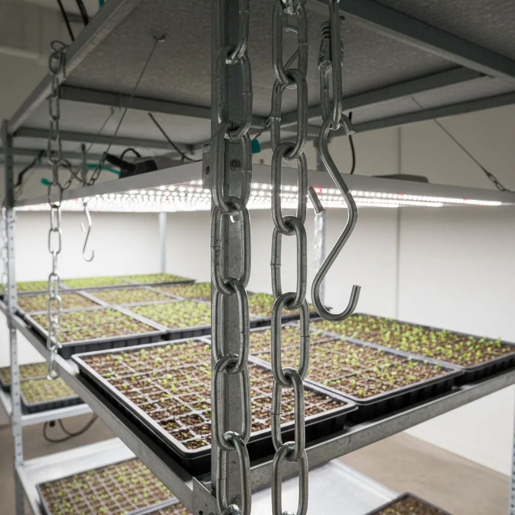 Grow light suspended with adjustable chains above indoor seed trays