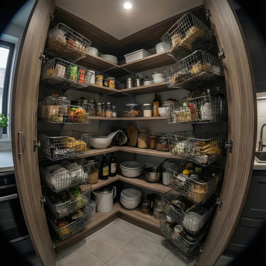 adjustable shelving and basket storage inside tall corner cabinet