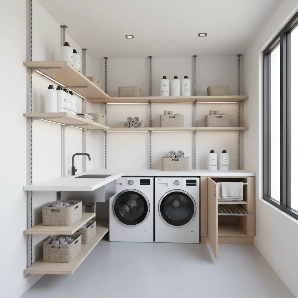 adjustable corner shelves in laundry room showing flexible shelf heights
