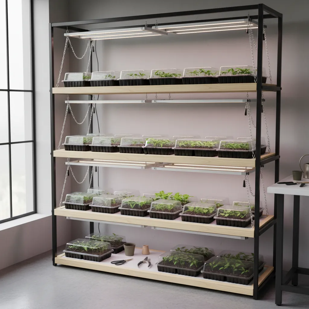 Indoor seed starting shelf with adjustable hanging grow lights