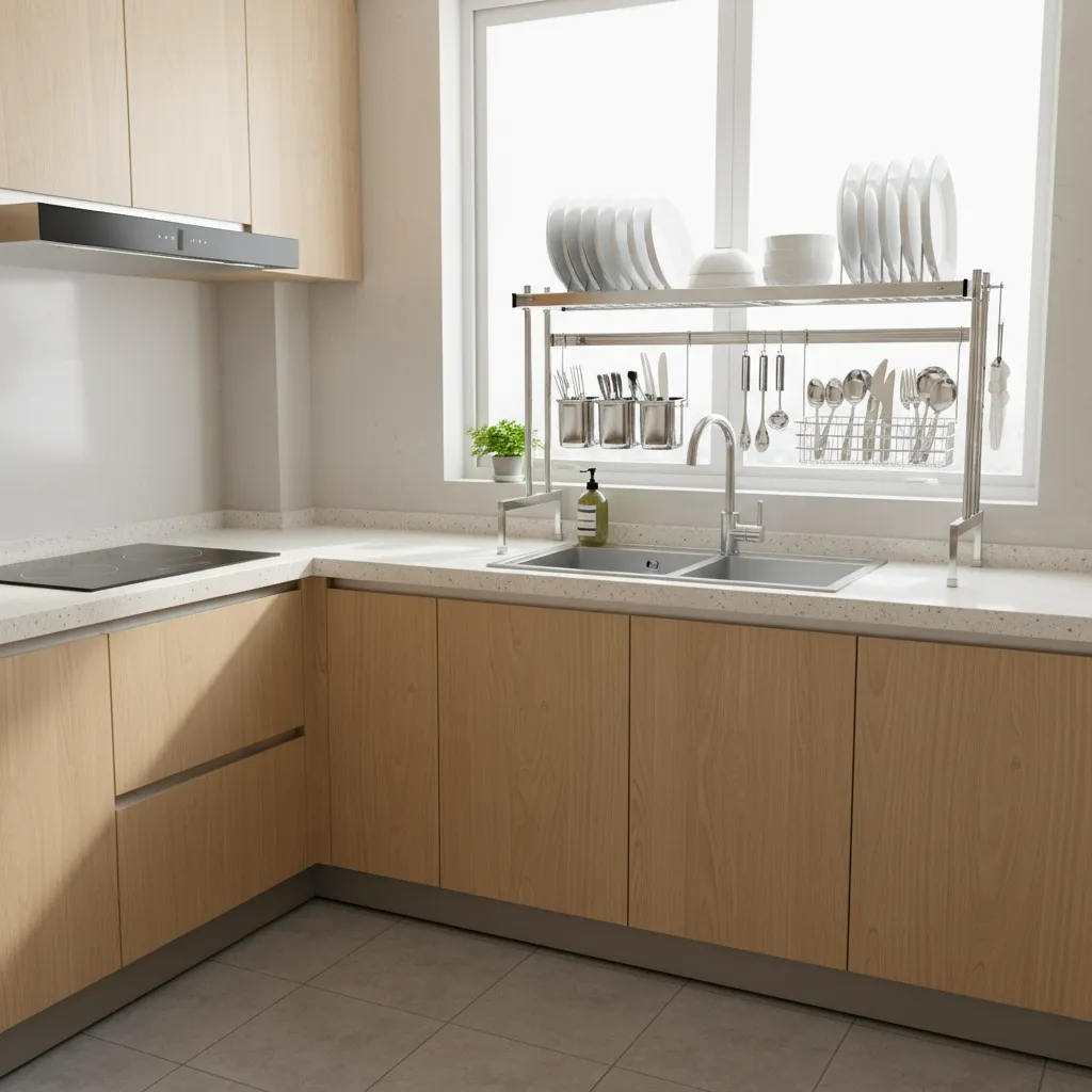 Adjustable over sink rack with dishes drying above sink