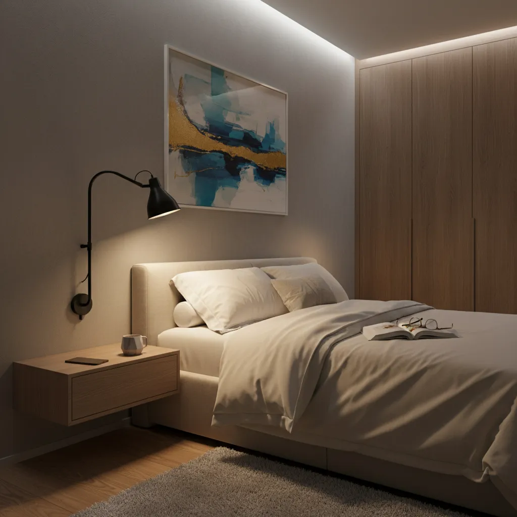 Adjustable reading wall sconce mounted beside a bed for functional bedside lighting