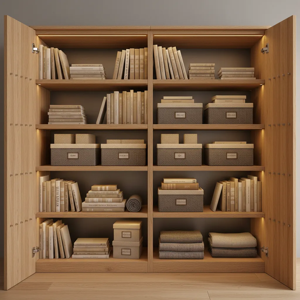 Adjustable shelving system inside a modern hall cupboard