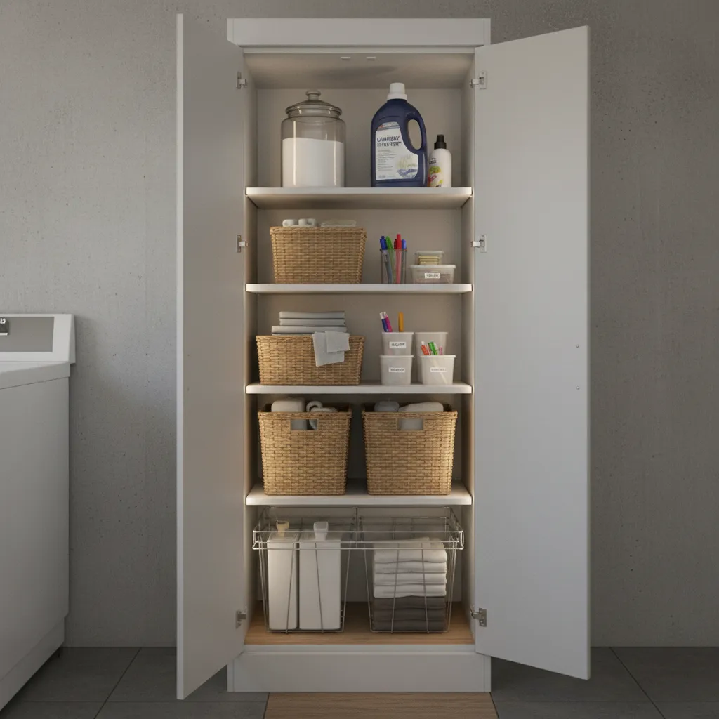 adjustable shelf layout inside a narrow laundry cabinet