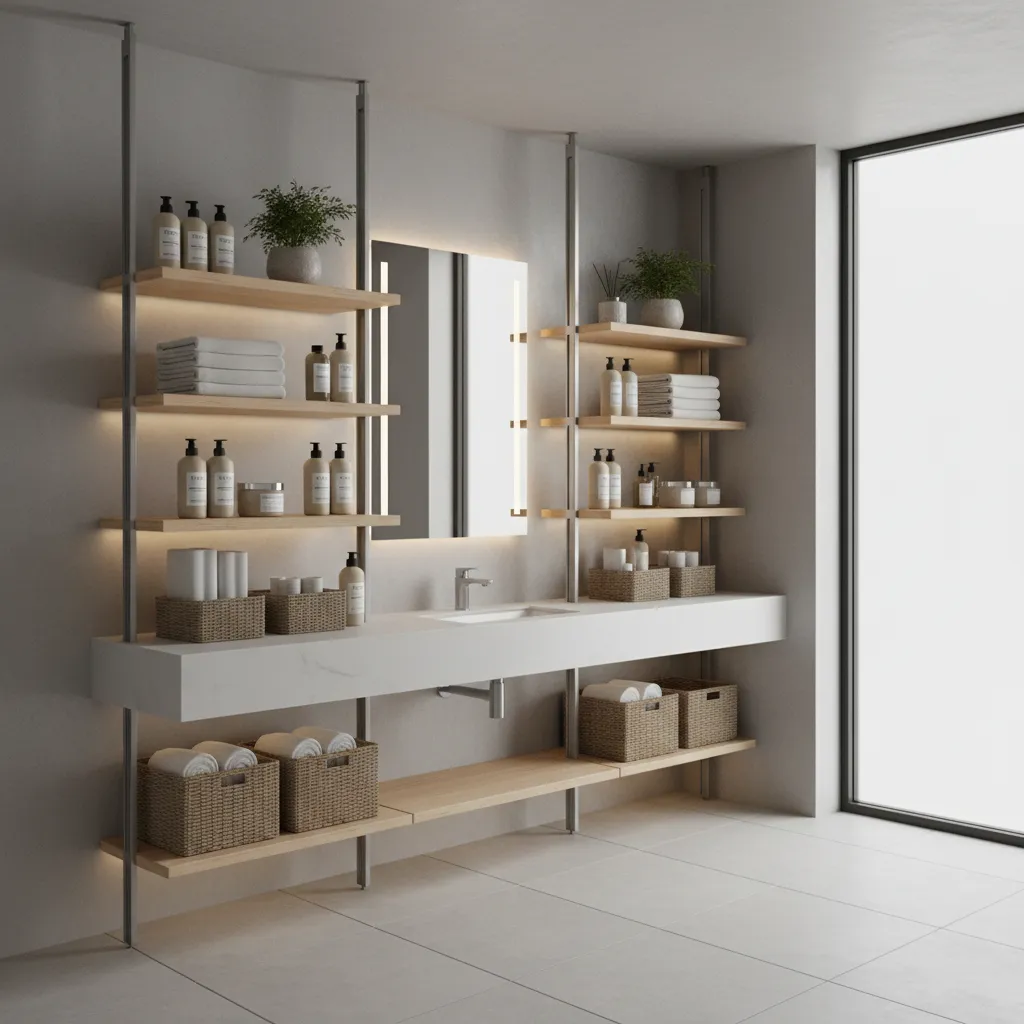 adjustable shelving system in bathroom closet with folded towels and baskets