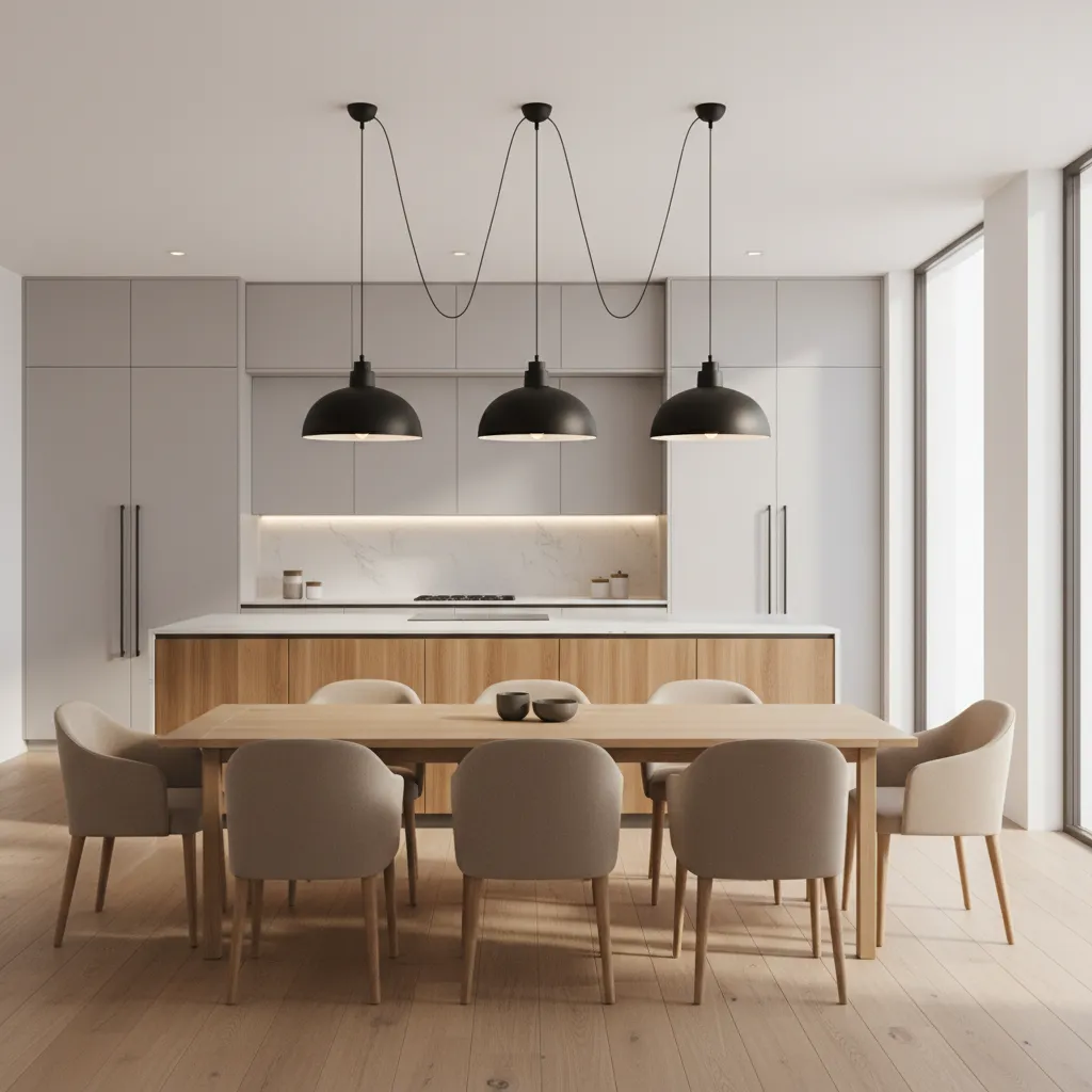Open plan dining room with adjustable swag pendant lighting above table