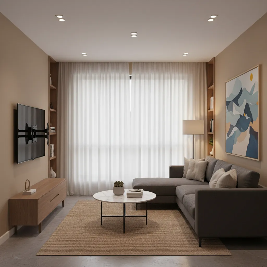 Adjustable wall mount TV angled toward seating in a small apartment living room