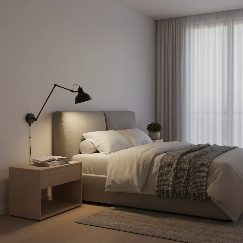 adjustable swing arm wall lamp used as bedside reading light