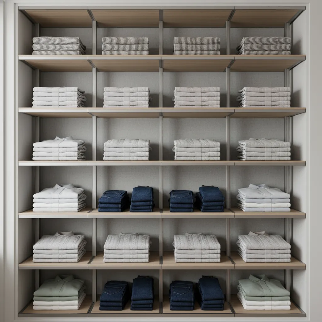 Tall wardrobe interior with adjustable shelves storing folded clothing
