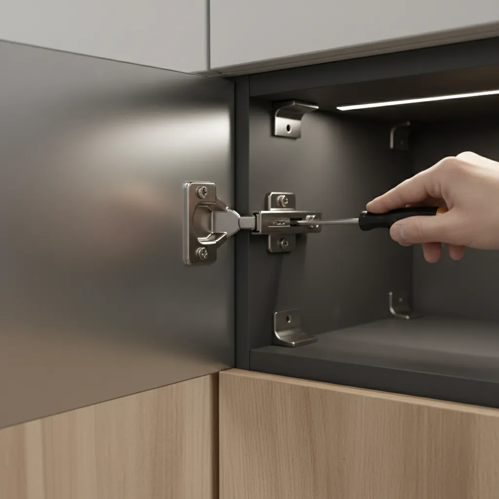 Adjusting concealed hinges on aluminium kitchen cabinet door