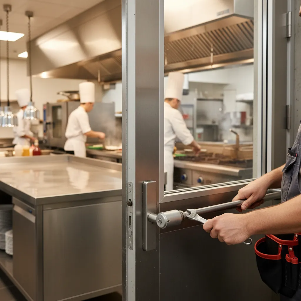Technician adjusting hydraulic door closer on restaurant swing door