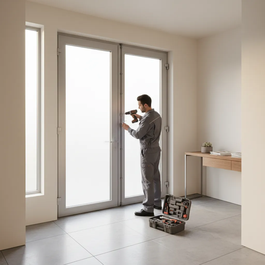 Person adjusting hinges on double doors to fix sticking and noise