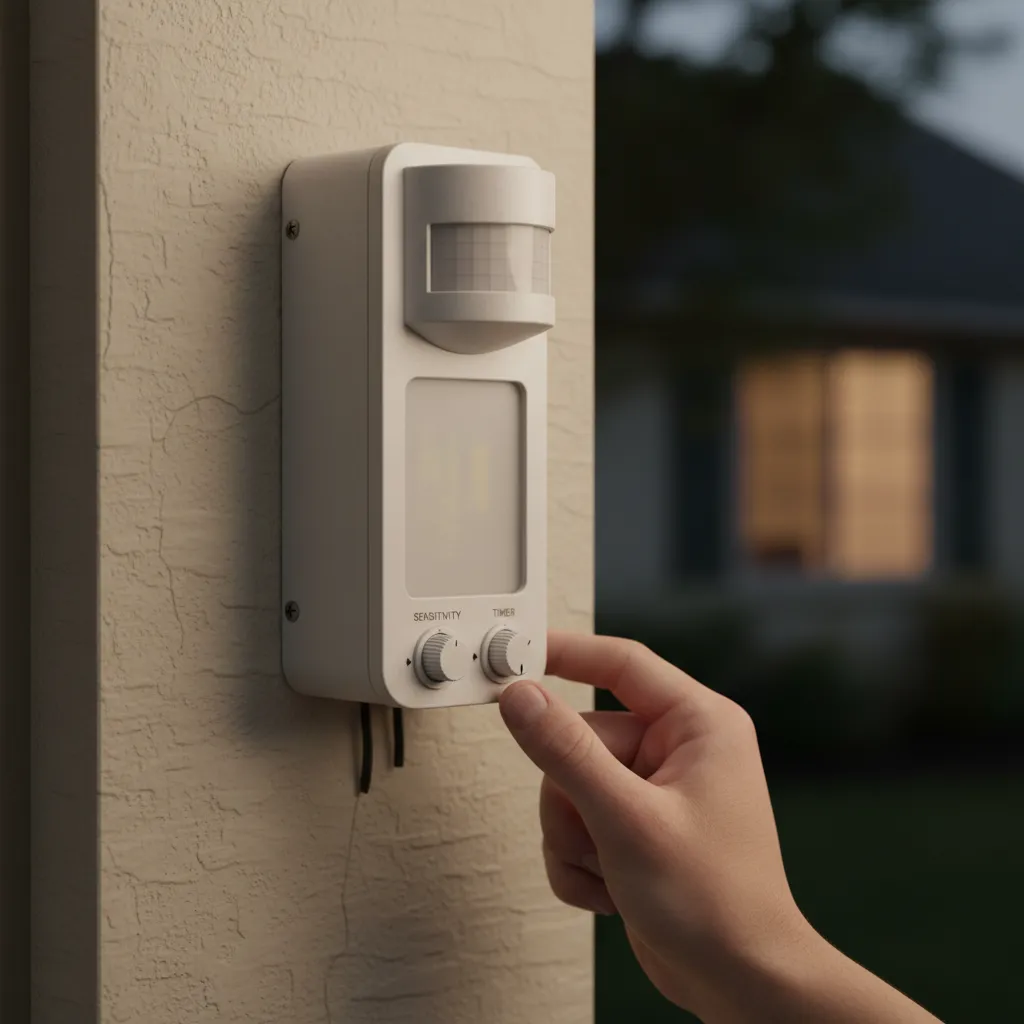 Close view of hand adjusting motion sensor sensitivity and timer controls