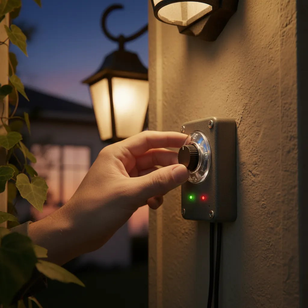 Hand adjusting sensitivity dial on outdoor photocell timer