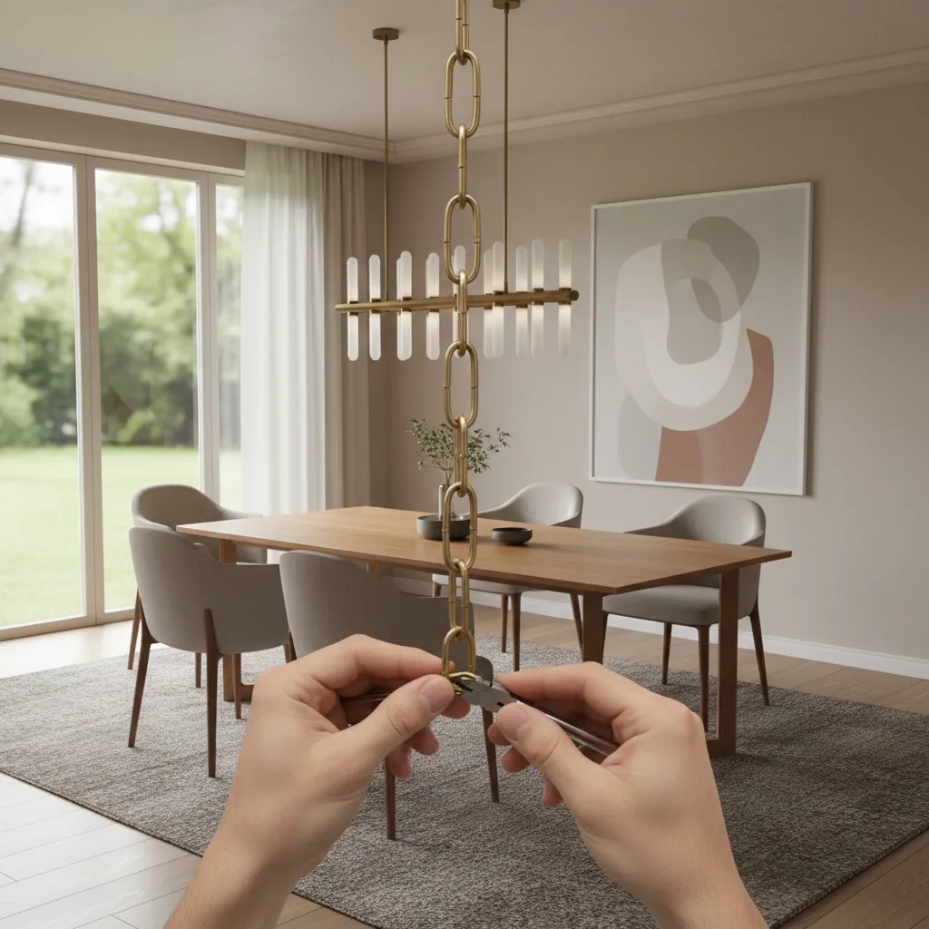 hands adjusting chain links on hanging pendant light