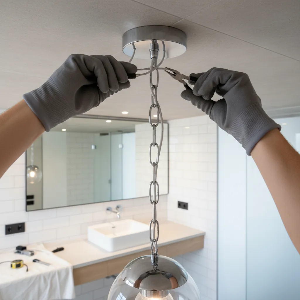 adjusting pendant light chain length during bathroom lighting installation